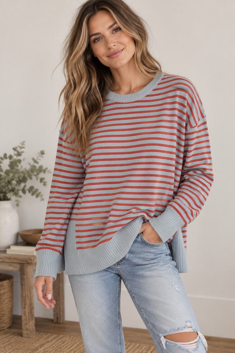 Red Striped Oversized Pullover Sweatshirt Women’s M/L Blue Gray Casual